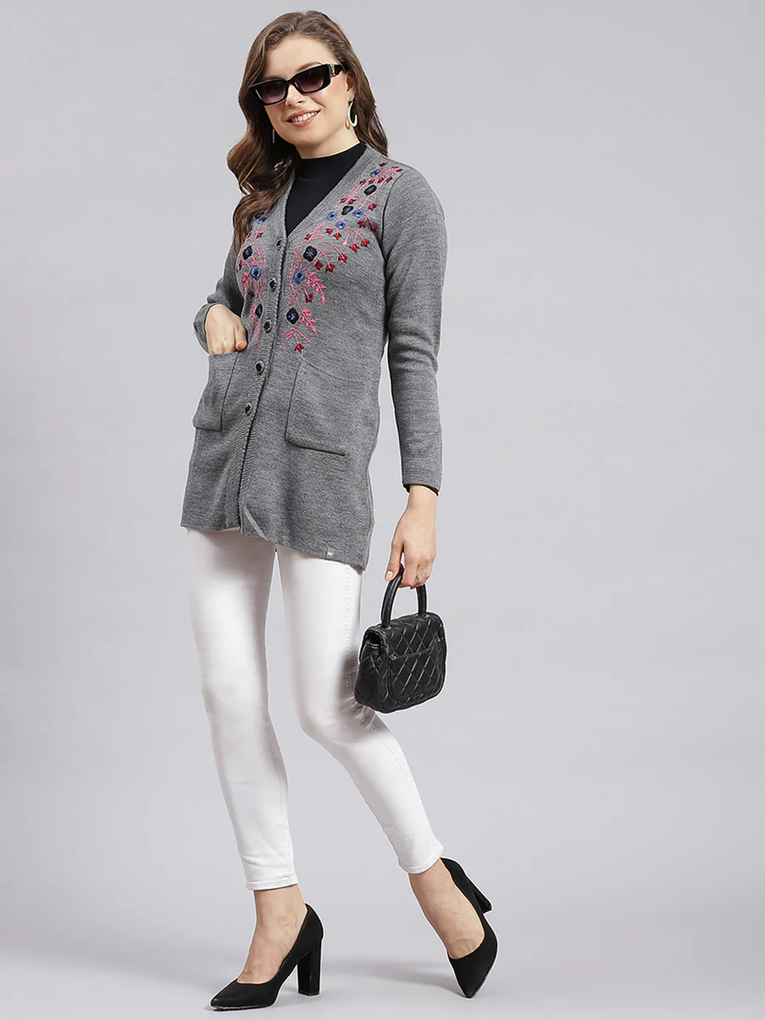 Women Grey Solid Wool blend Cardigan - Image 2