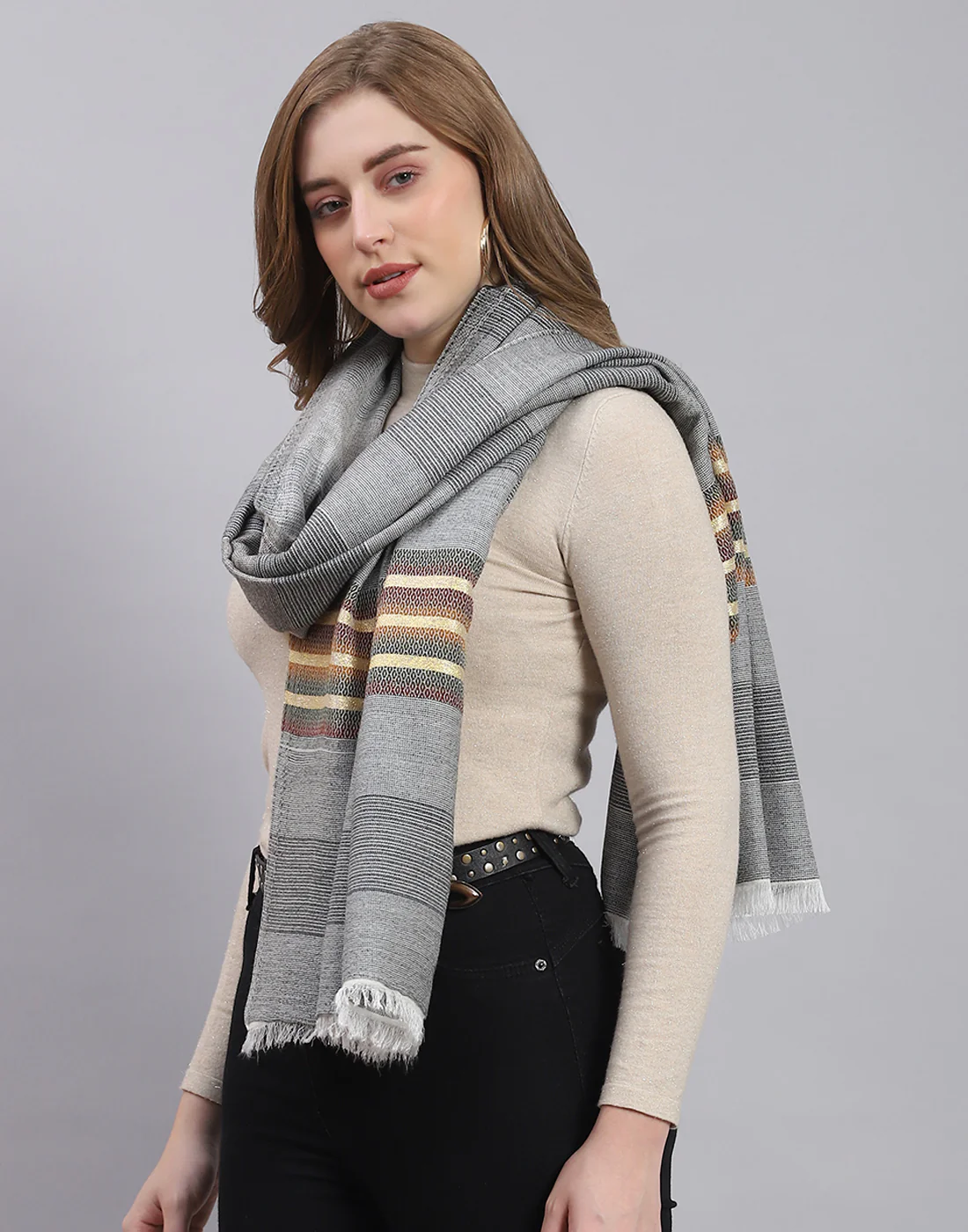 Women Grey Stripe Stole - Image 3