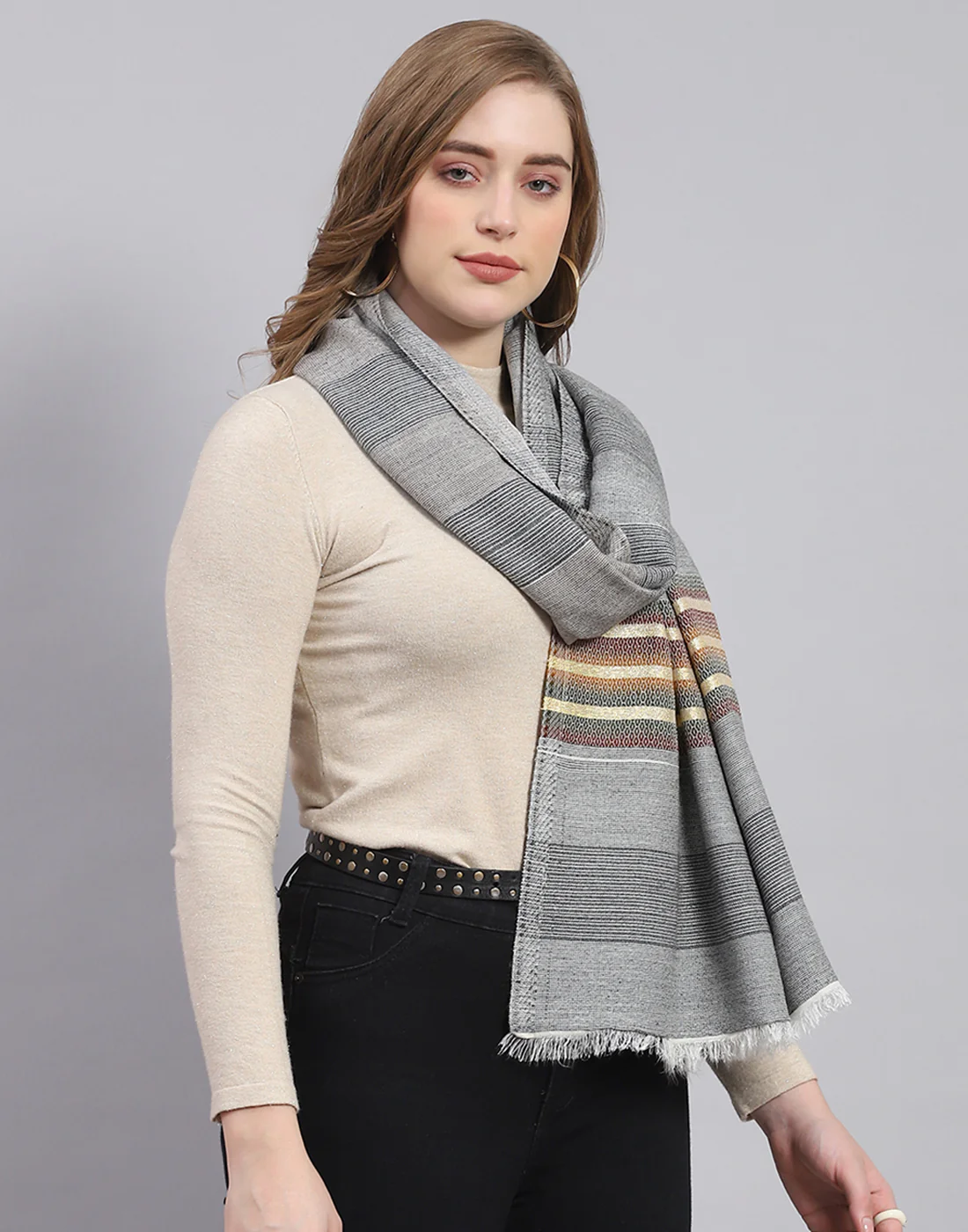 Women Grey Stripe Stole - Image 4