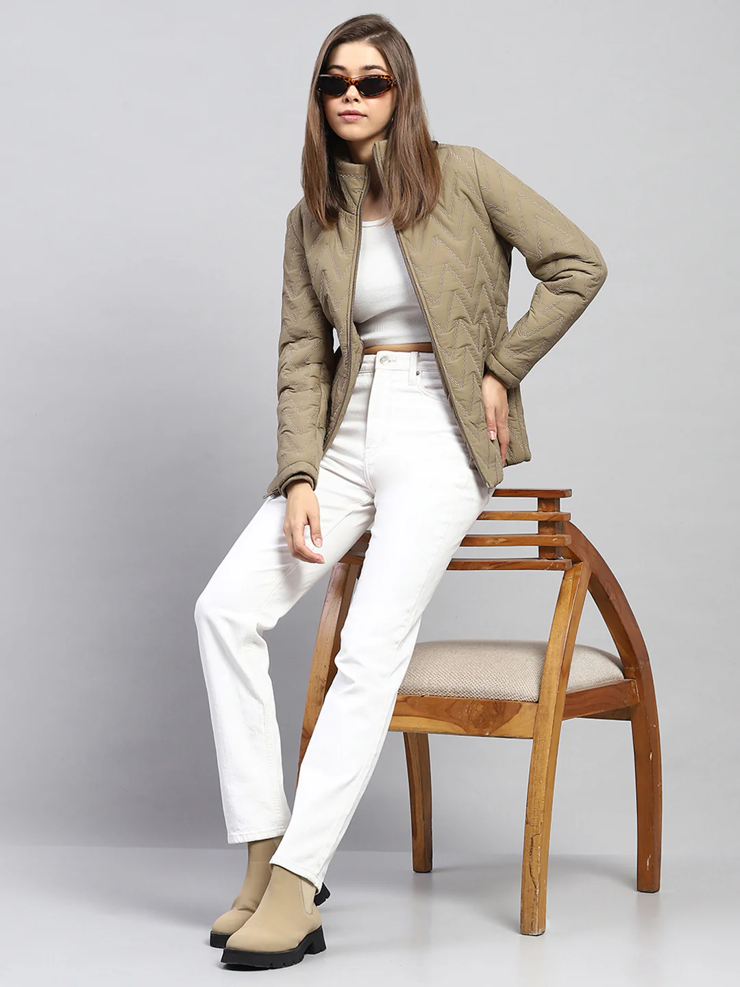 Women Khaki Embroidered Mock Neck Full Sleeve Jacket - Image 2