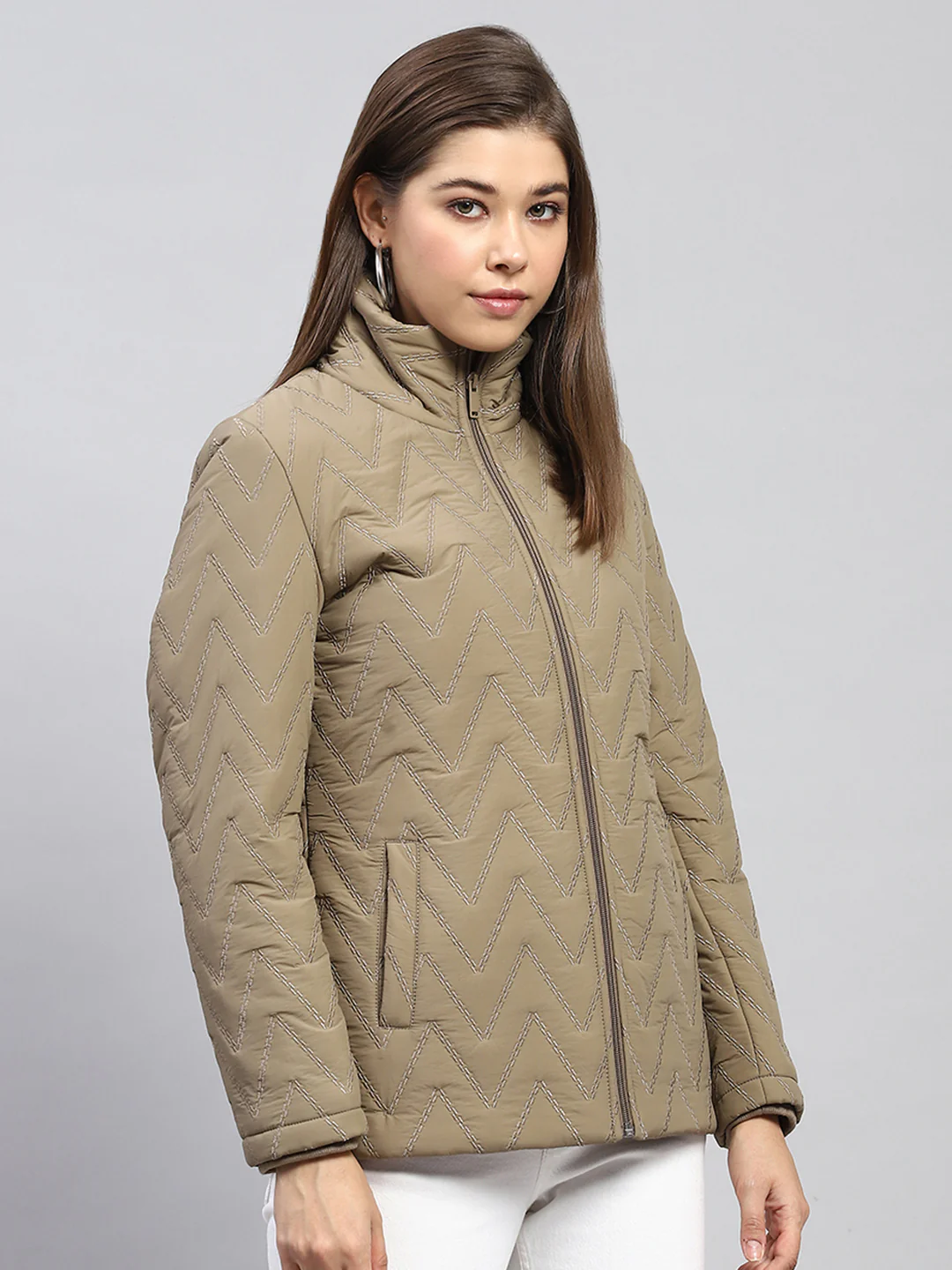 Women Khaki Embroidered Mock Neck Full Sleeve Jacket - Image 4