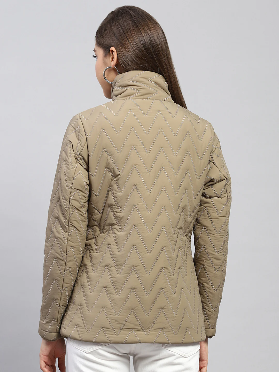Women Khaki Embroidered Mock Neck Full Sleeve Jacket - Image 5