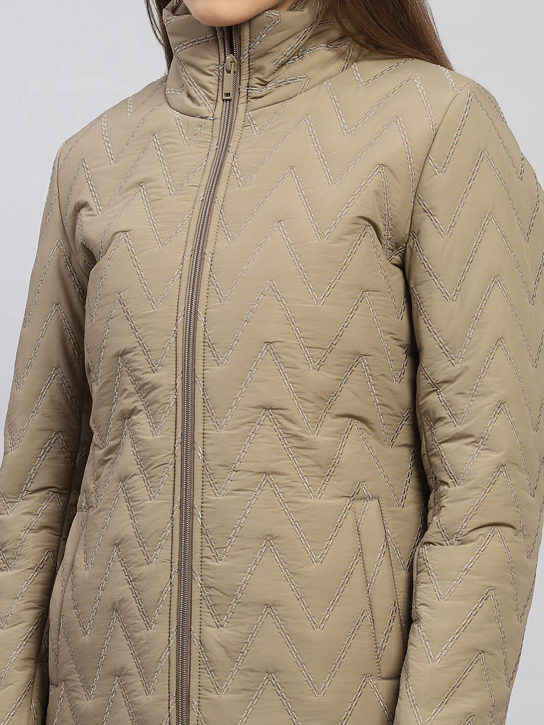 Women Khaki Embroidered Mock Neck Full Sleeve Jacket - Image 6