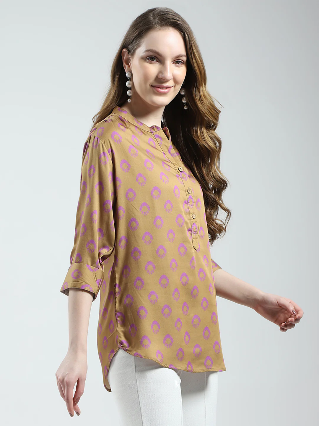 Women Khaki Printed Band Collar 3/4th Sleeve Top - Image 4