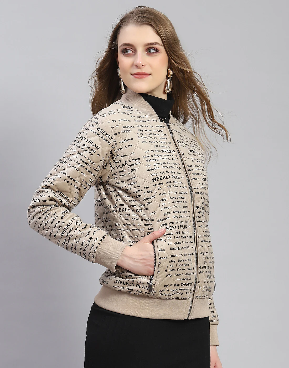 Women Khaki Printed Mandarin Collar Full Sleeve Jacket - Image 4