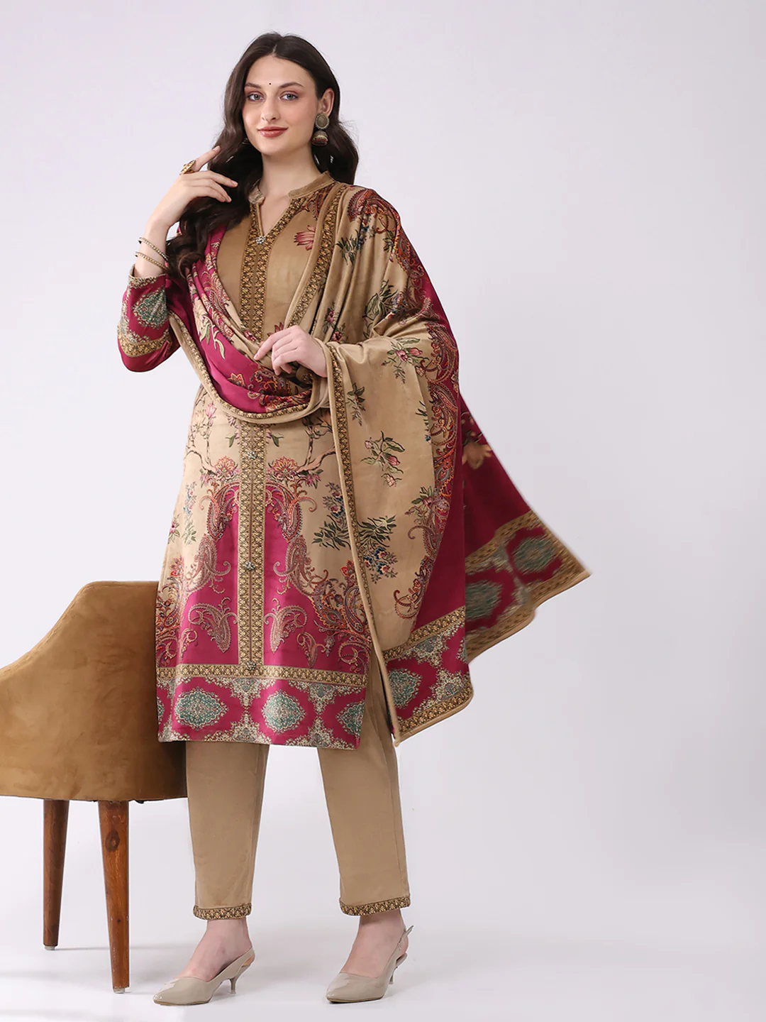 Women Khaki Printed Round Neck Full Sleeve Kurti, Stole & Lower 3Pc Set for Winter - Image 2