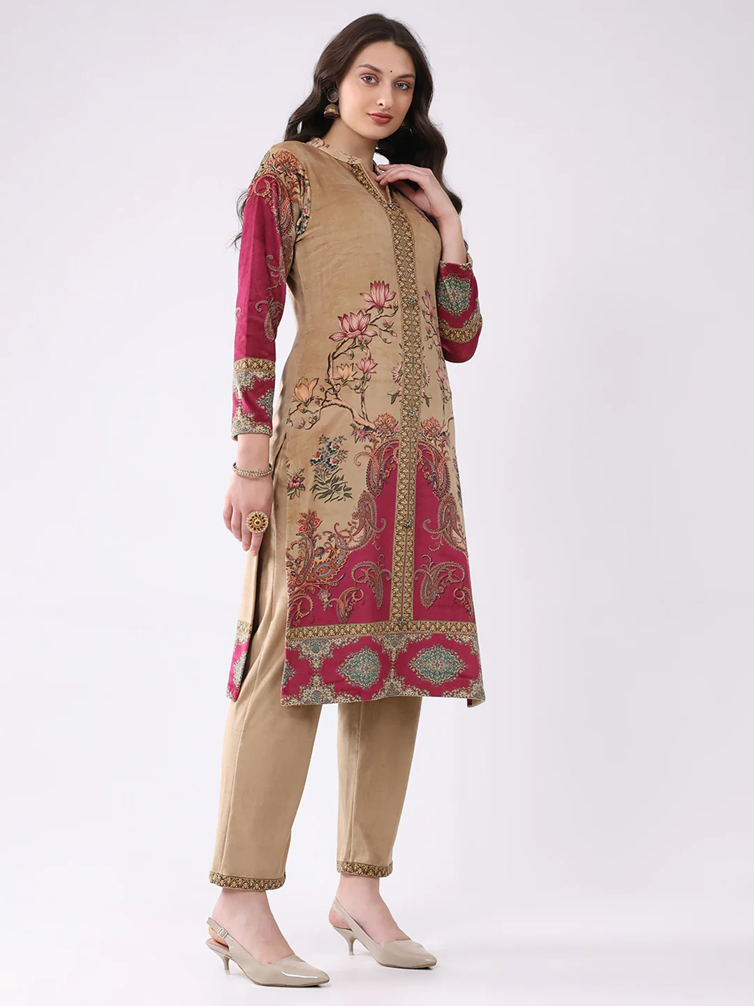 Women Khaki Printed Round Neck Full Sleeve Kurti, Stole & Lower 3Pc Set for Winter - Image 4