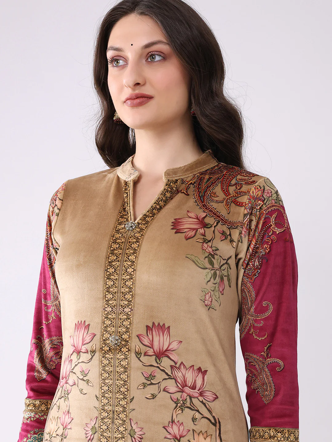 Women Khaki Printed Round Neck Full Sleeve Kurti, Stole & Lower 3Pc Set for Winter - Image 6
