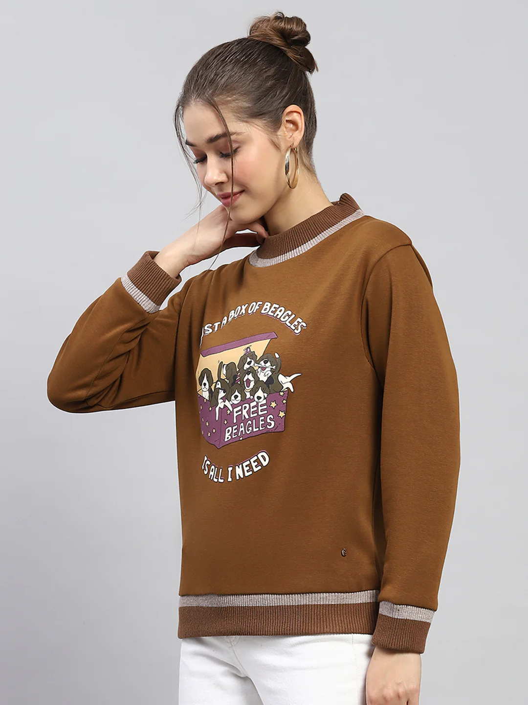 Women Khaki Printed Round Neck Full Sleeve Sweatshirt - Image 2