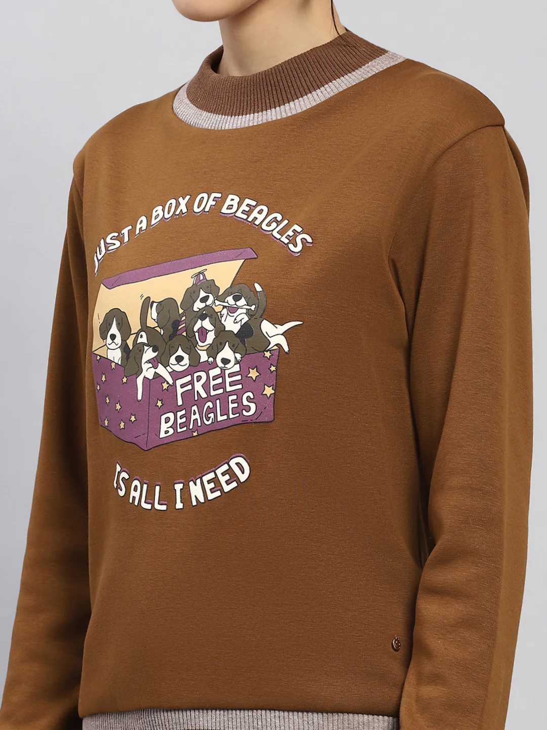 Women Khaki Printed Round Neck Full Sleeve Sweatshirt - Image 6