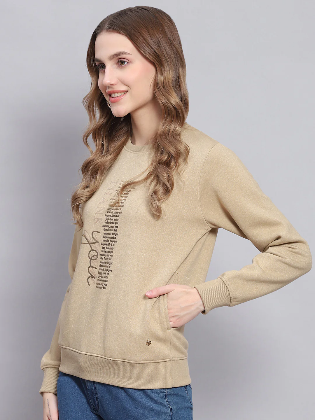 Women Khaki Printed Round Neck Full Sleeve Sweatshirts - Image 3