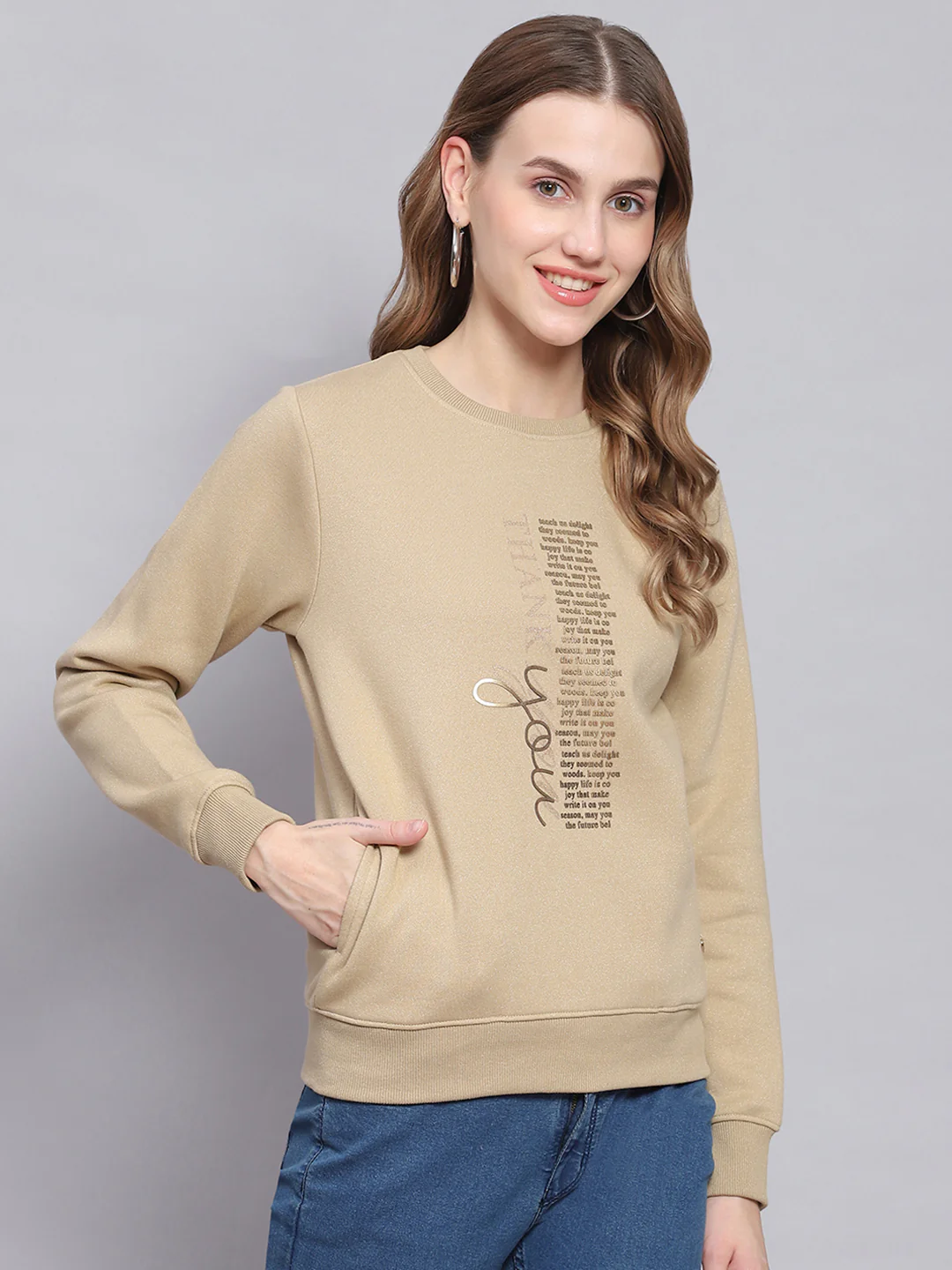 Women Khaki Printed Round Neck Full Sleeve Sweatshirts - Image 4