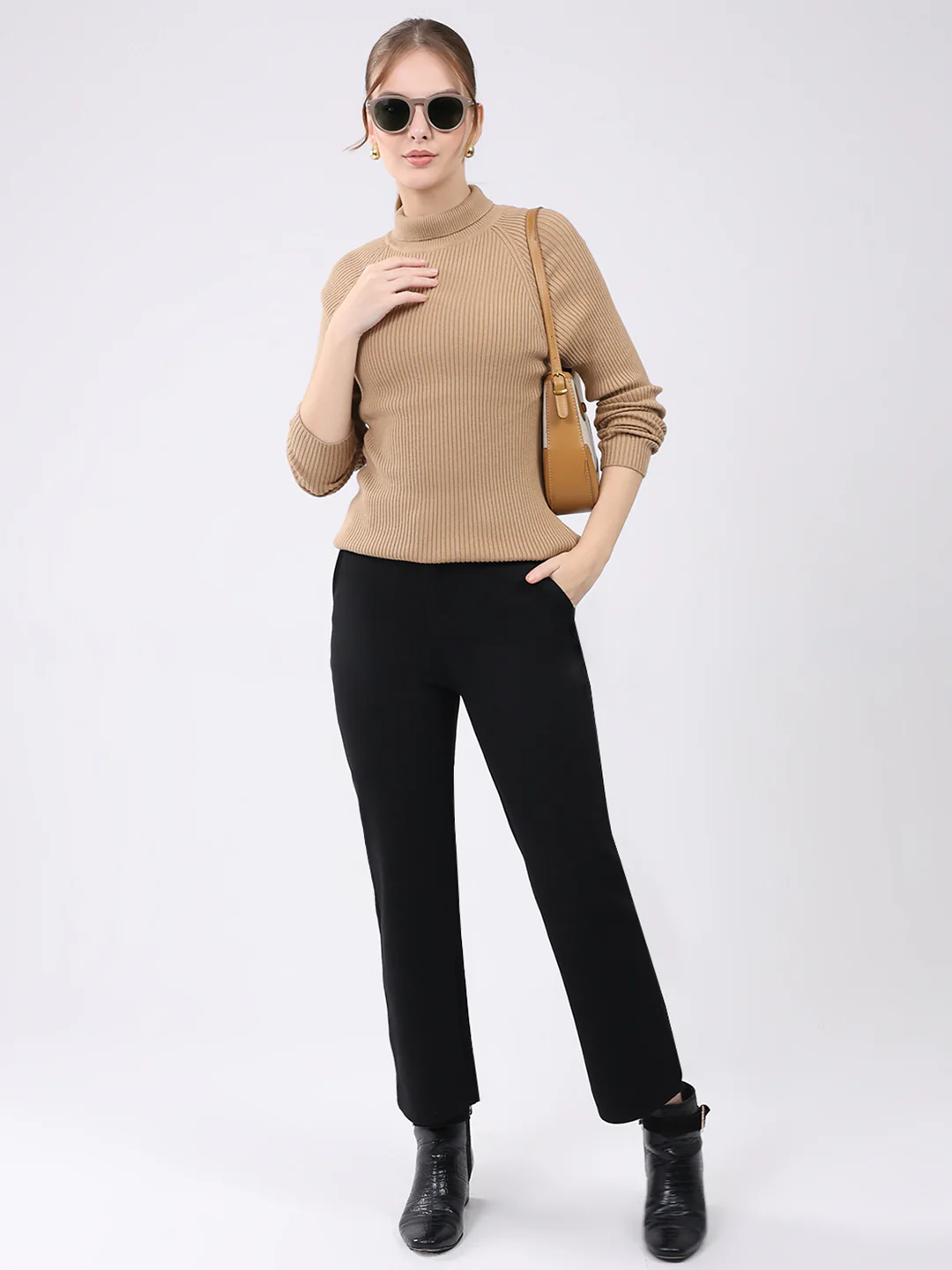 Women Khaki Self Design High Neck Full Sleeve Sceavy - Image 2