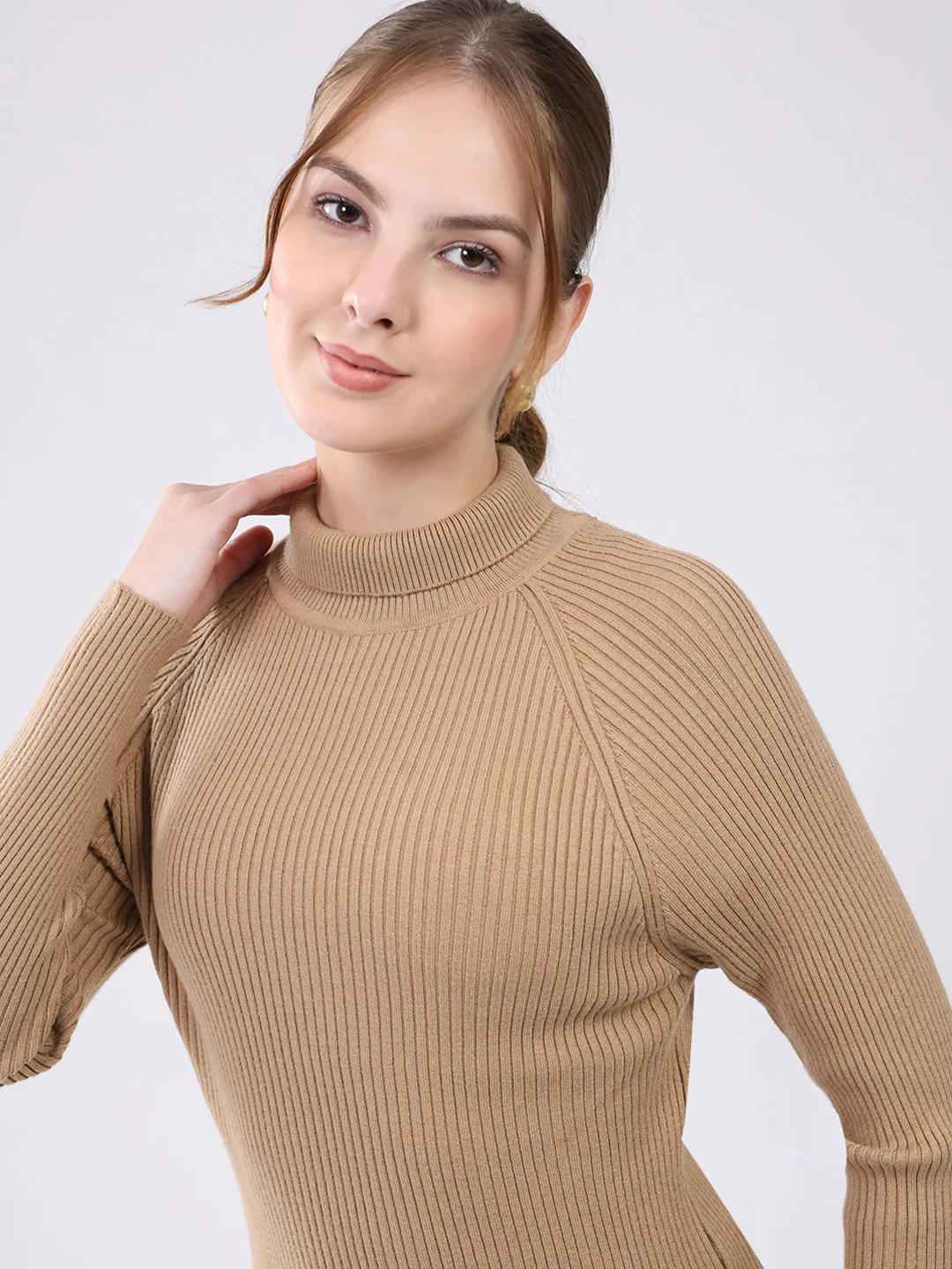 Women Khaki Self Design High Neck Full Sleeve Sceavy - Image 6