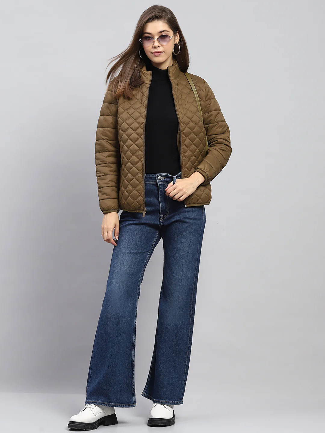Women Khaki Self Design Mock Neck Full Sleeve Jacket - Image 2
