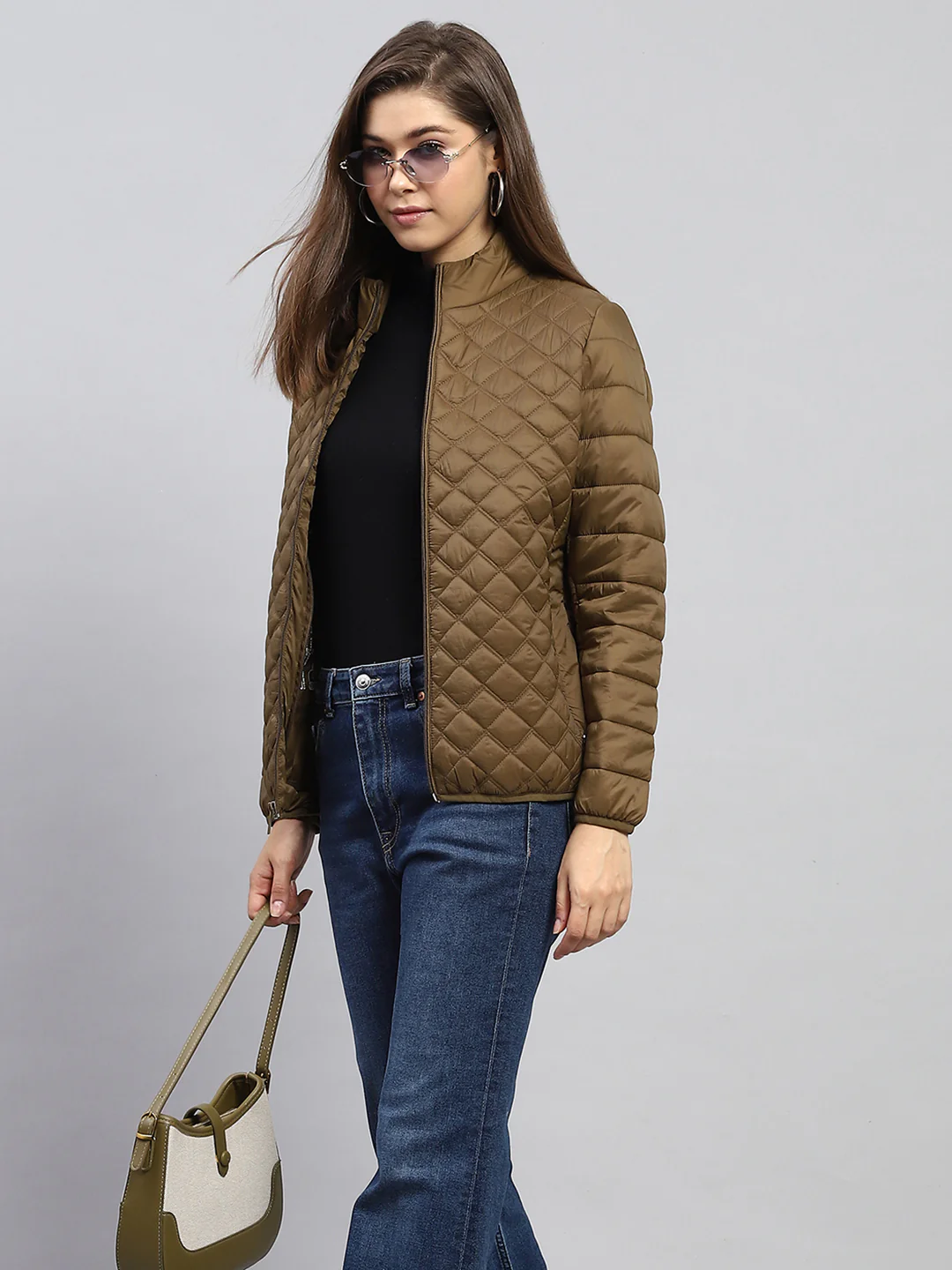 Women Khaki Self Design Mock Neck Full Sleeve Jacket - Image 6