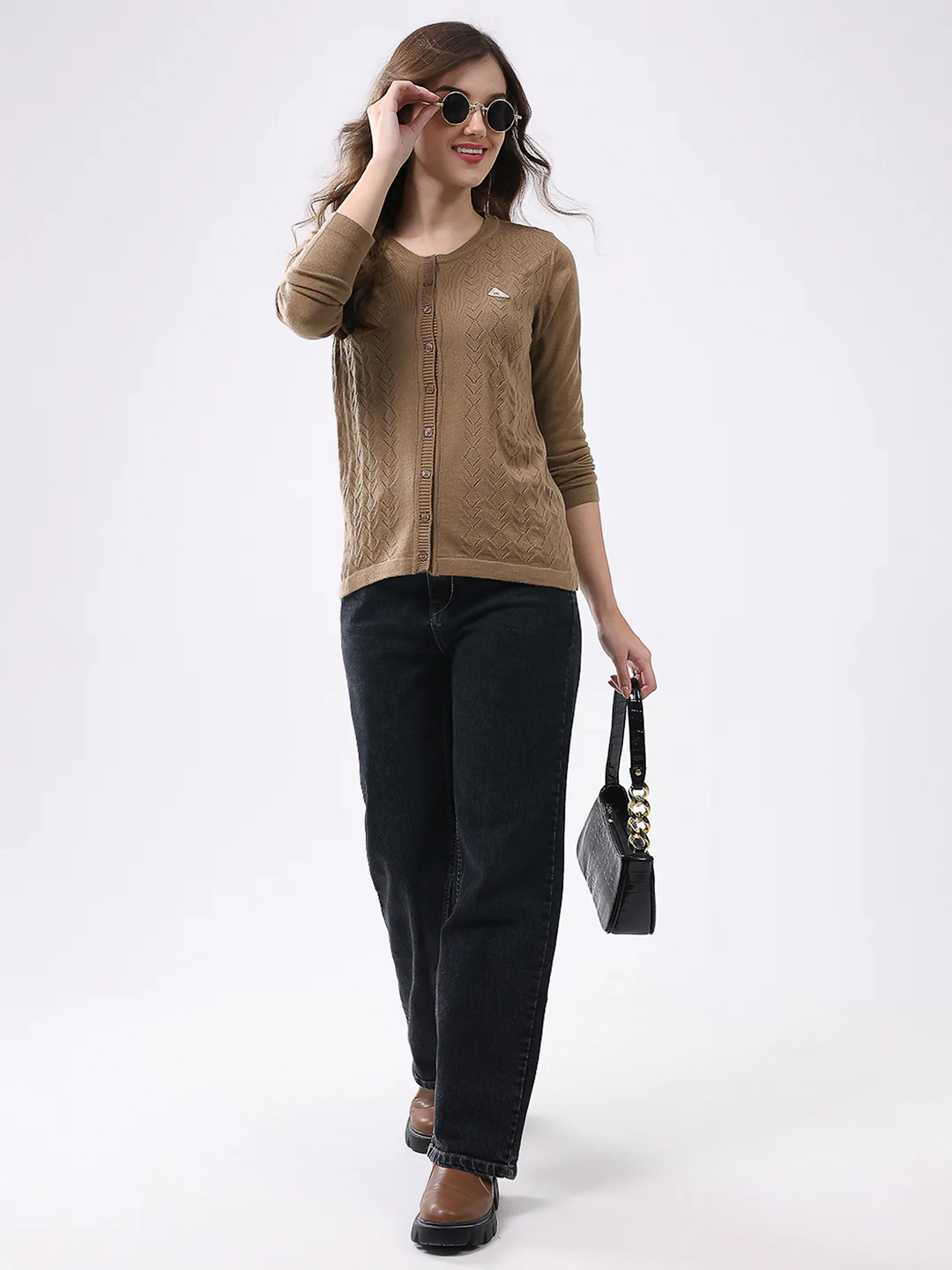 Women Khaki Self Design Round Neck Full Sleeve Cardigan - Image 2