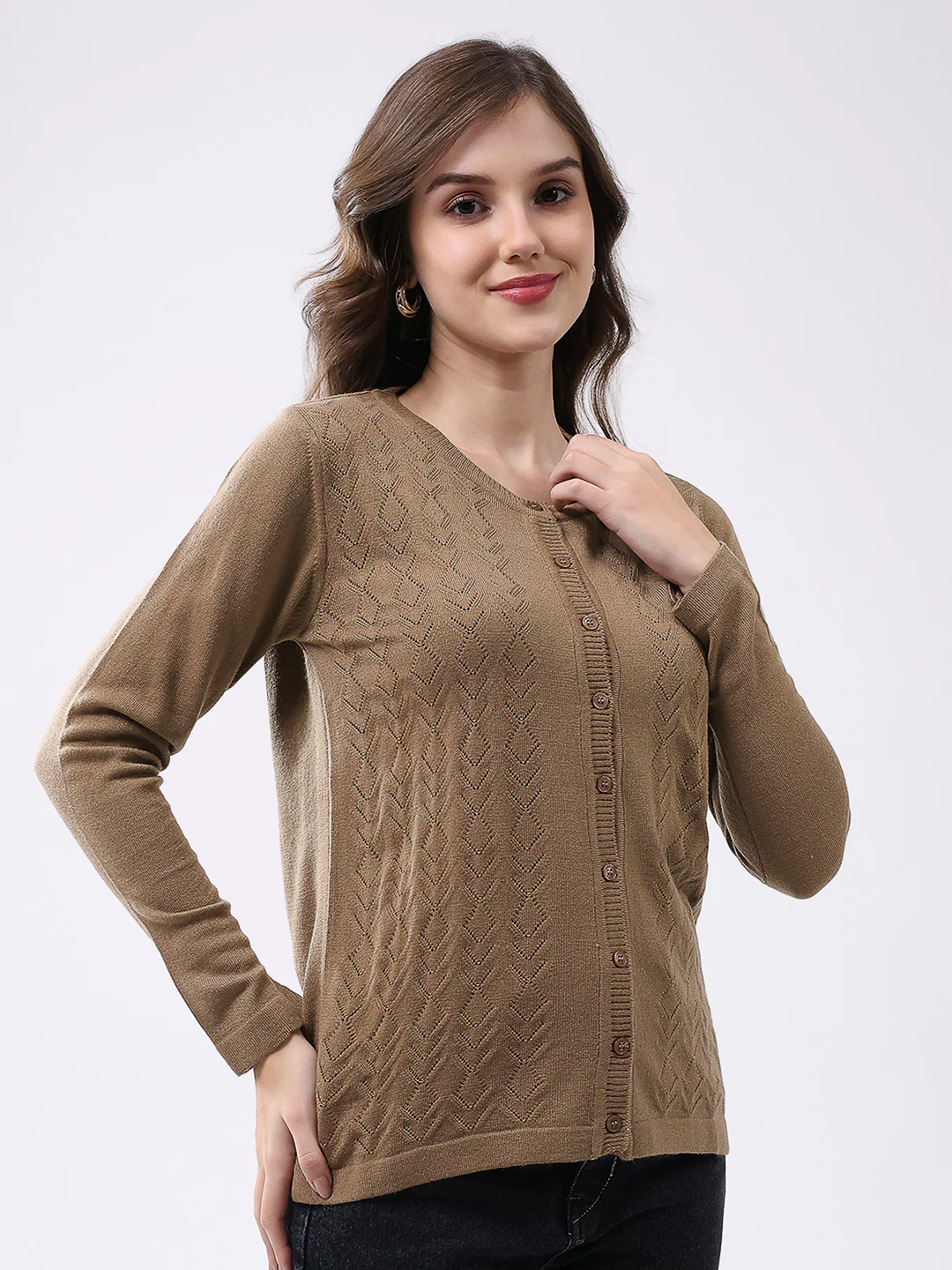 Women Khaki Self Design Round Neck Full Sleeve Cardigan - Image 4