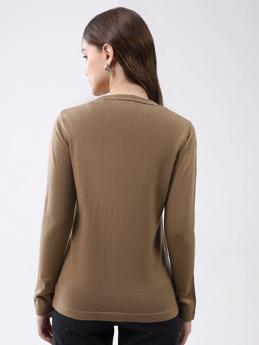 Women Khaki Self Design Round Neck Full Sleeve Cardigan - Image 5