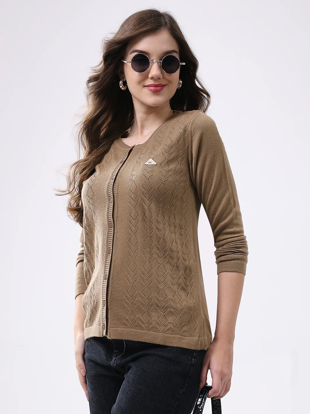 Women Khaki Self Design Round Neck Full Sleeve Cardigan - Image 6