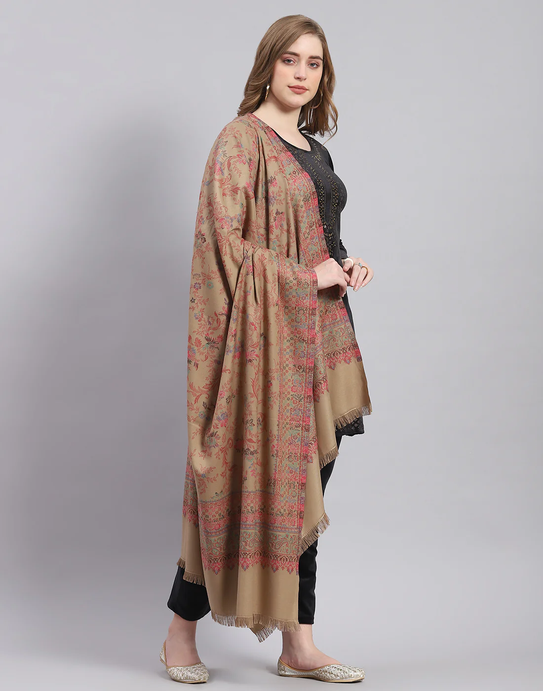 Women Khaki Self Design Shawl - Image 4