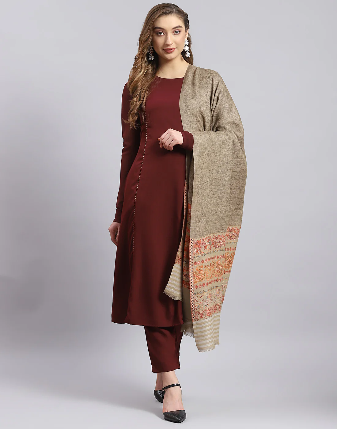 Women Khaki Self Design Shawl - Image 3