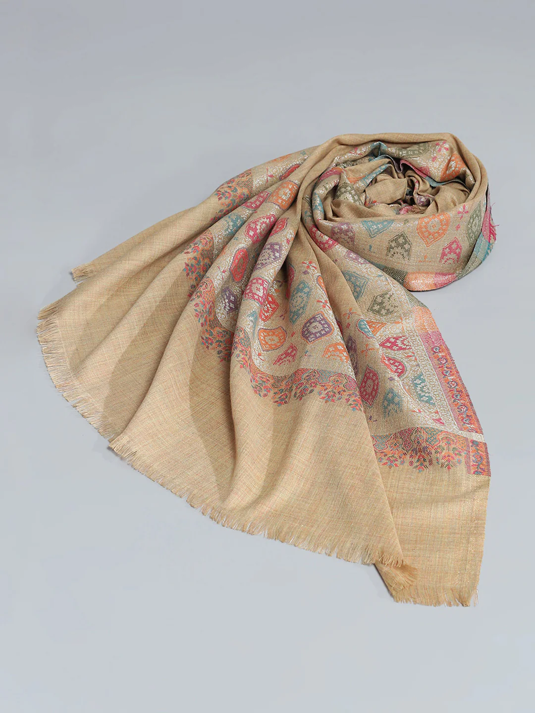 Women Khaki Self Design Shawl - Image 5