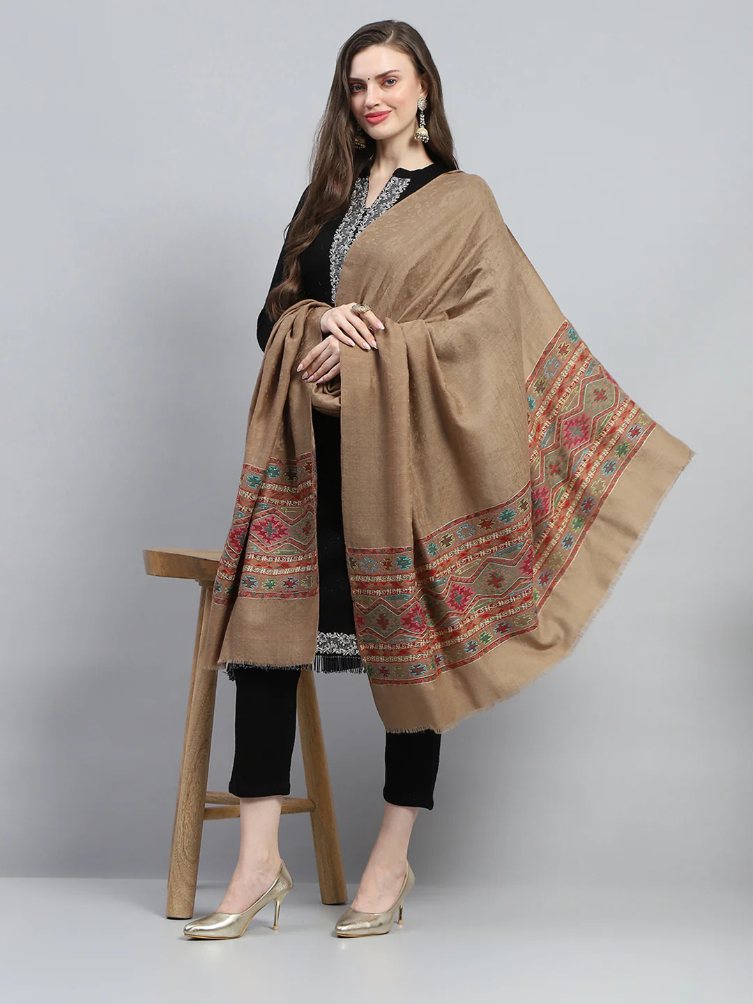 Women Khaki Self Design Shawl - Image 5