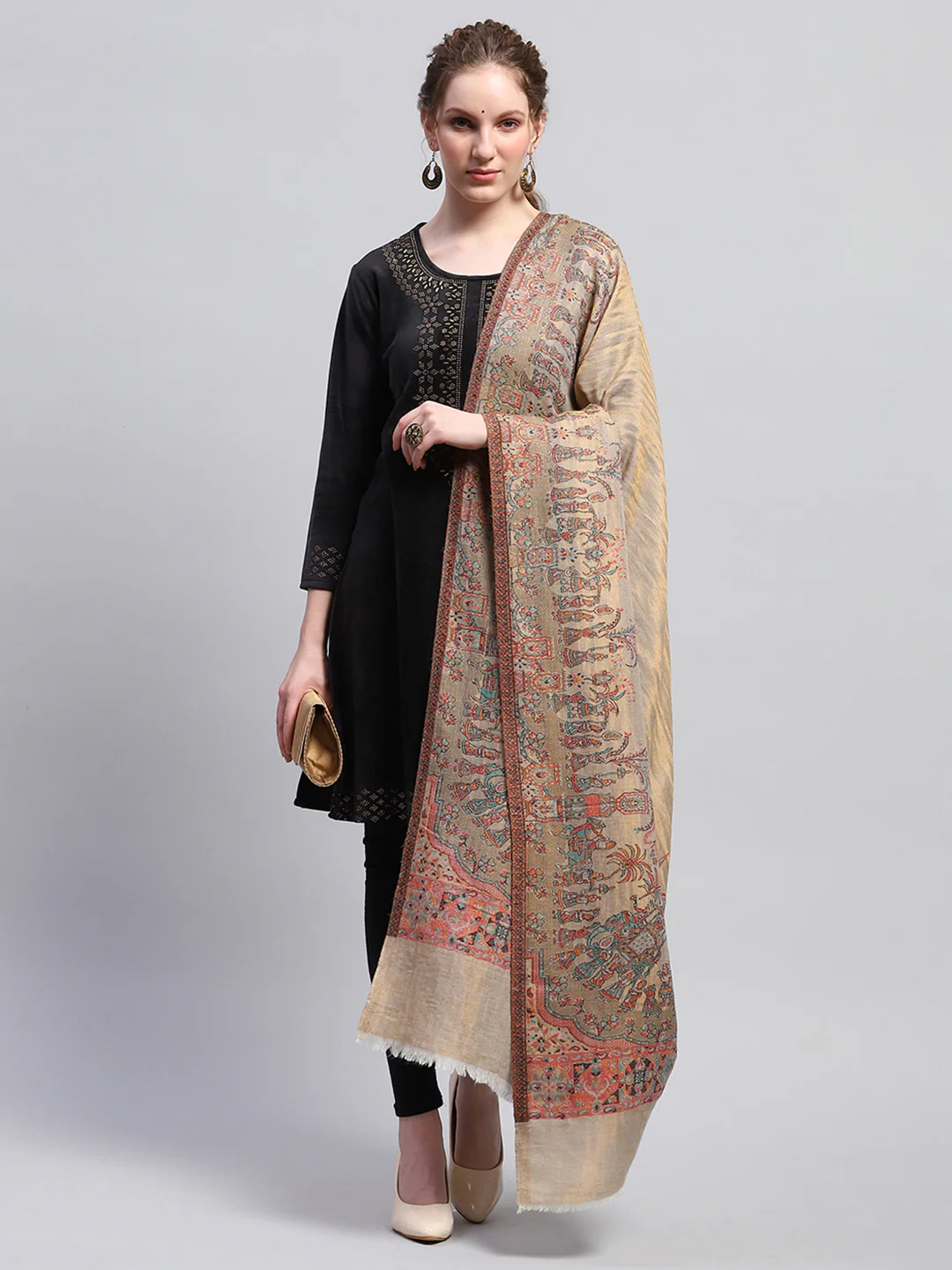 Women Khaki Self Design Shawl - Image 5