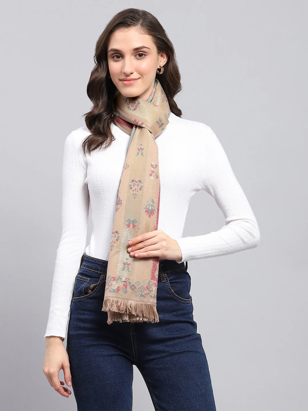 Women Khaki Self Design Stole - Image 3