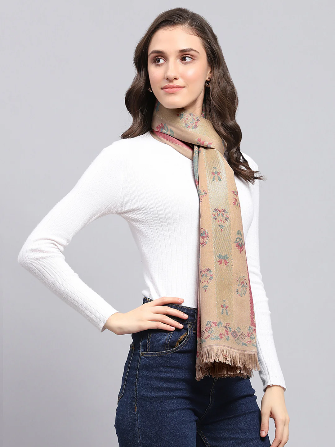 Women Khaki Self Design Stole - Image 5