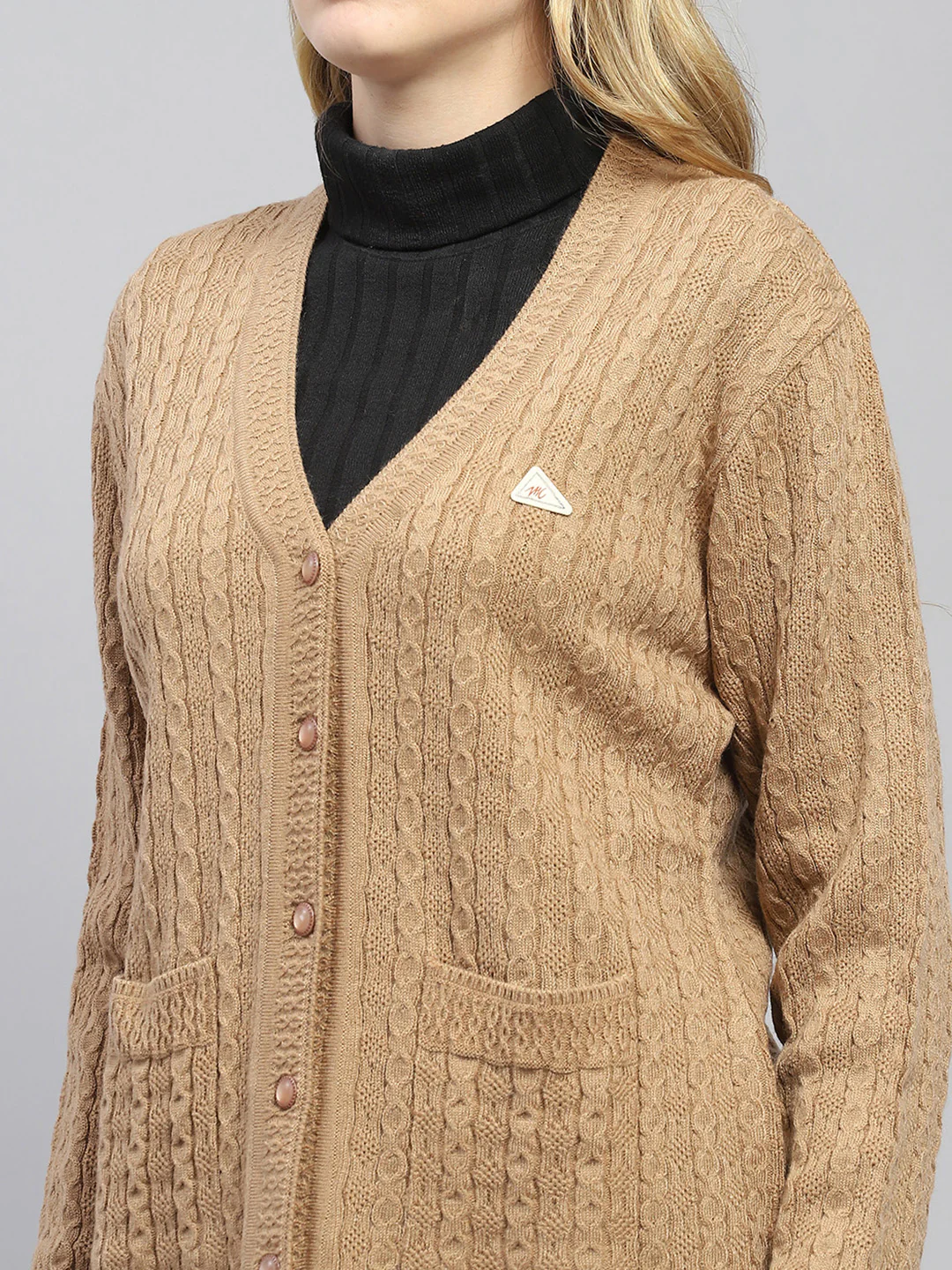 Women Khaki Self Design V Neck Full Sleeve Cardigan - Image 7