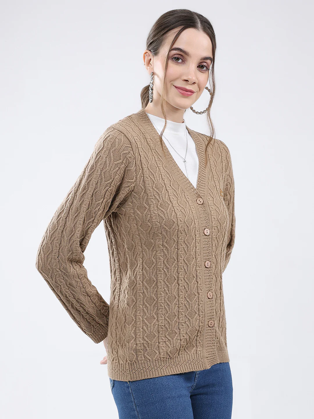 Women Khaki Self Design V Neck Full Sleeve Cardigan - Image 4