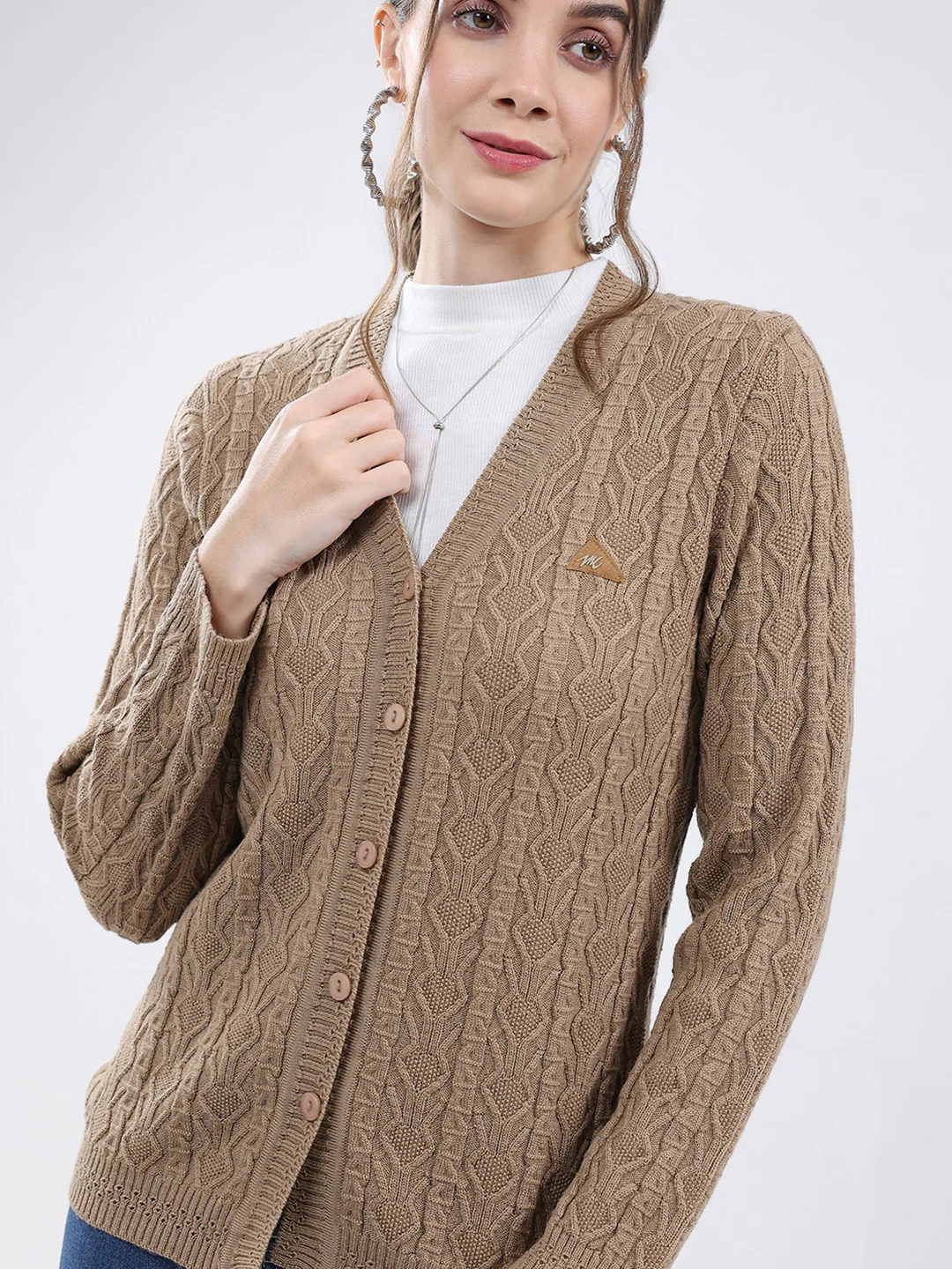 Women Khaki Self Design V Neck Full Sleeve Cardigan - Image 7