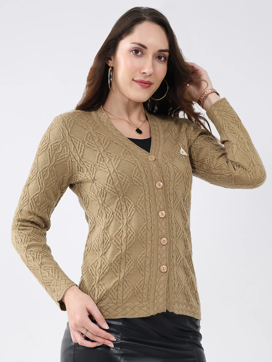 Women Khaki Self Design V Neck Full Sleeve Cardigan - Image 4
