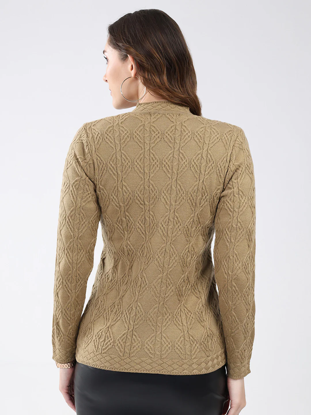 Women Khaki Self Design V Neck Full Sleeve Cardigan - Image 5