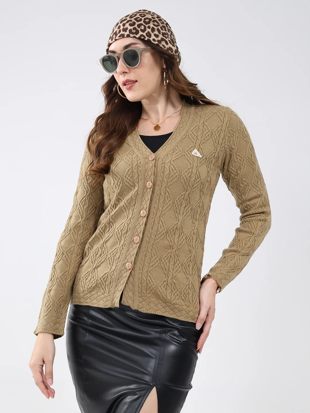 Women Khaki Self Design V Neck Full Sleeve Cardigan - Image 6