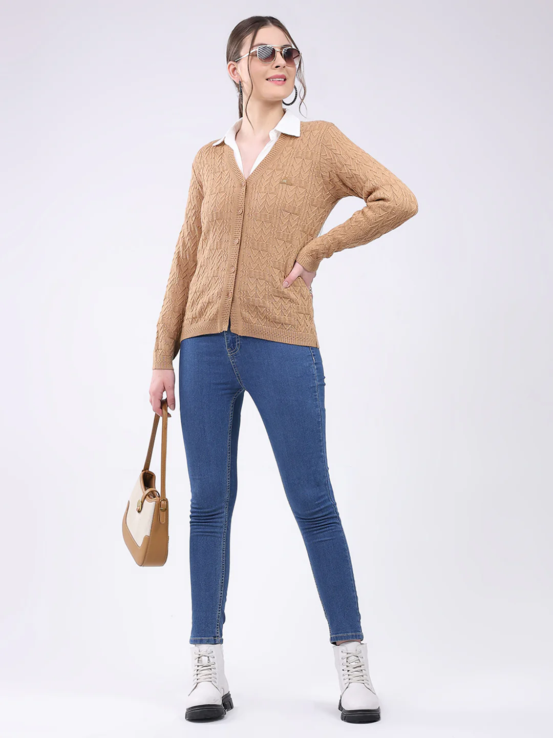Women Khaki Self Design V Neck Full Sleeve Cardigan - Image 2