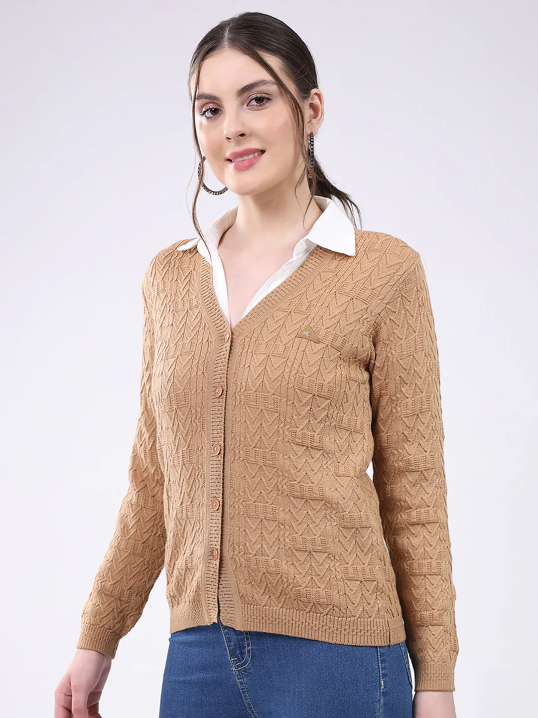 Women Khaki Self Design V Neck Full Sleeve Cardigan - Image 3
