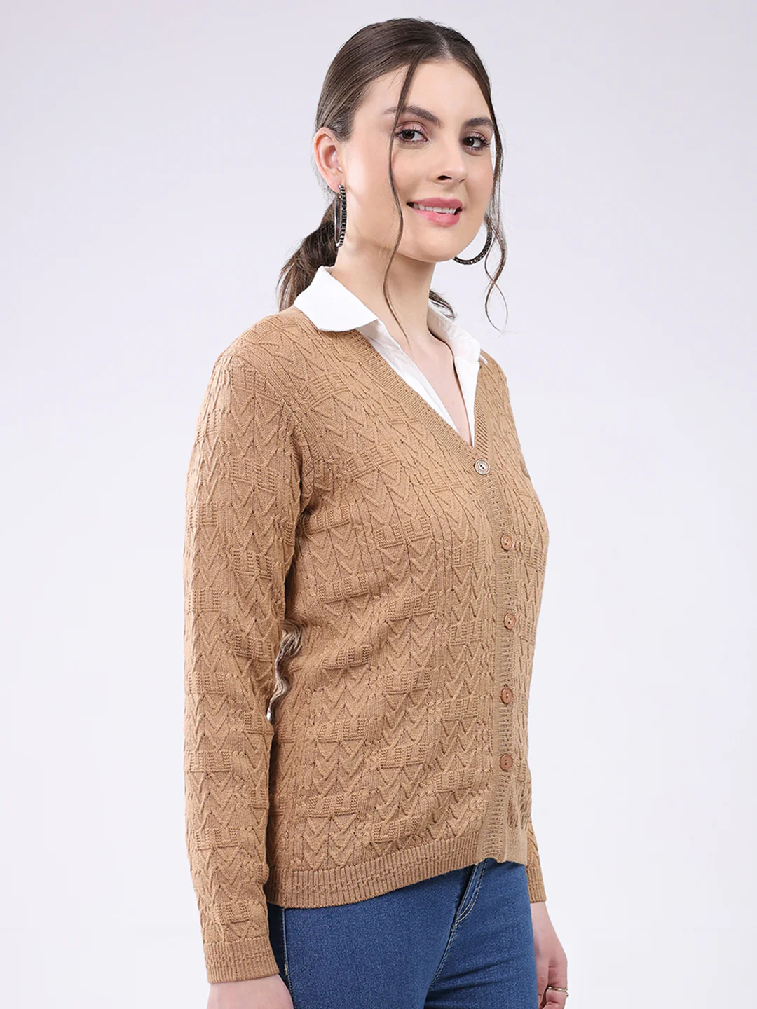 Women Khaki Self Design V Neck Full Sleeve Cardigan - Image 4