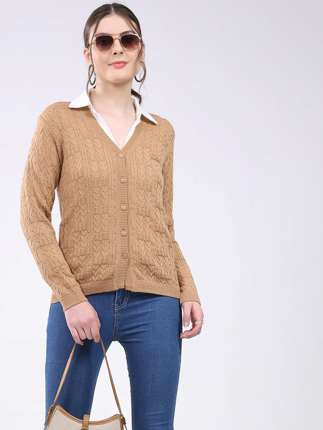 Women Khaki Self Design V Neck Full Sleeve Cardigan - Image 6