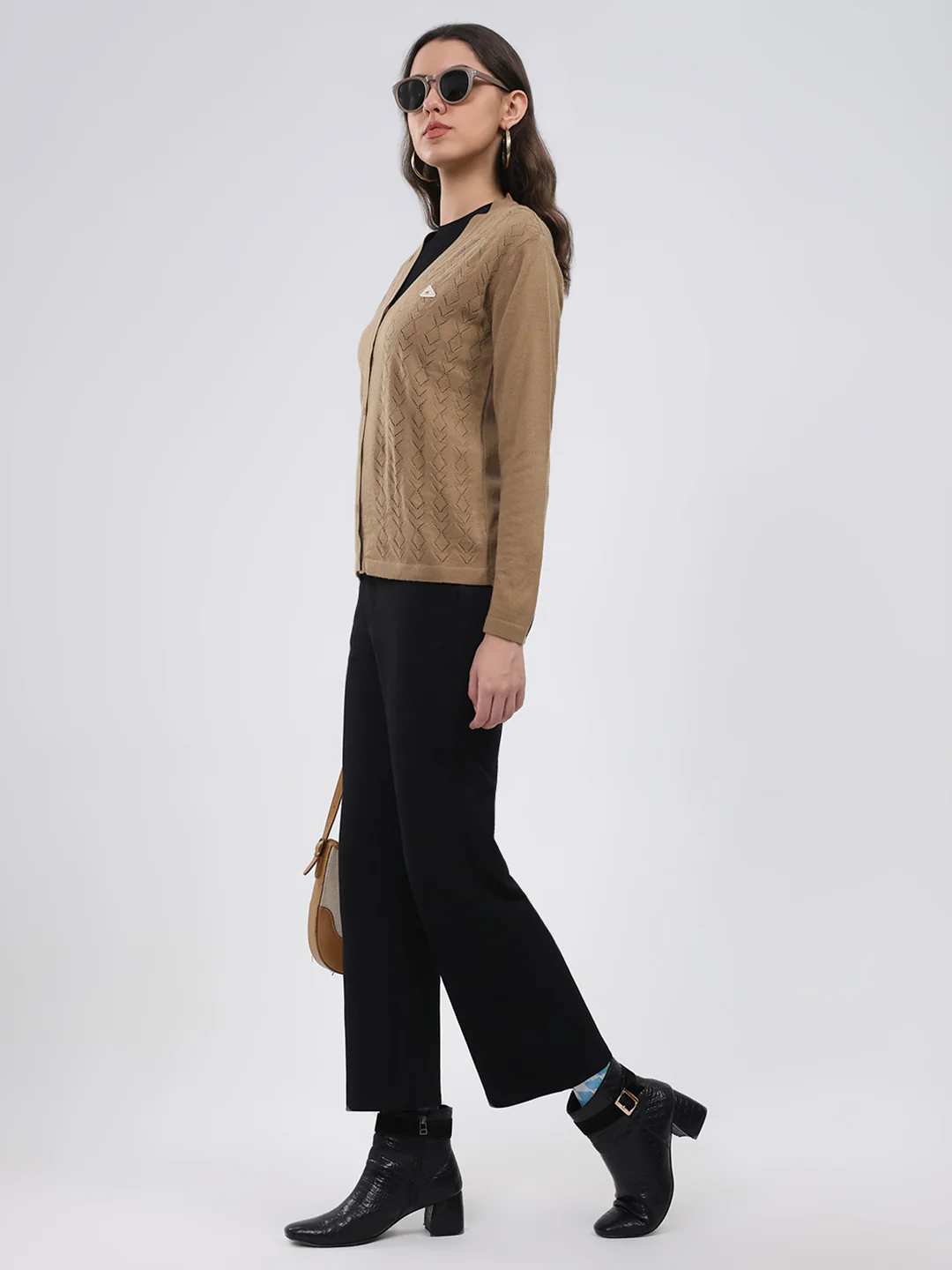 Women Khaki Self Design V Neck Full Sleeve Cardigan - Image 2