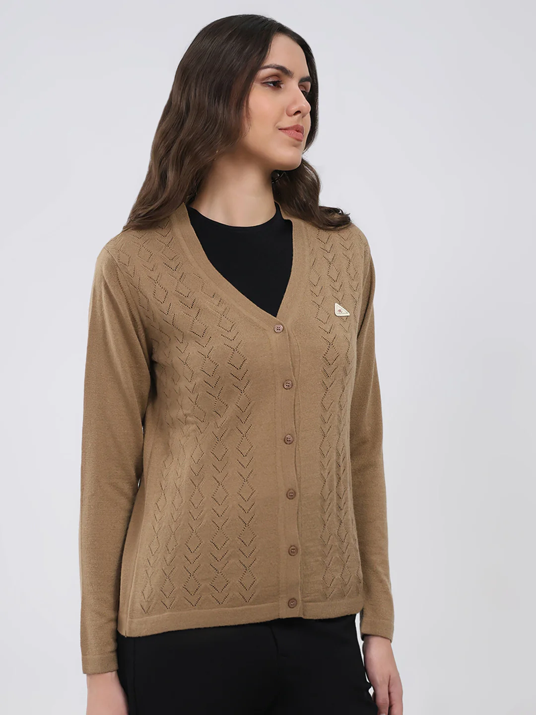 Women Khaki Self Design V Neck Full Sleeve Cardigan - Image 4
