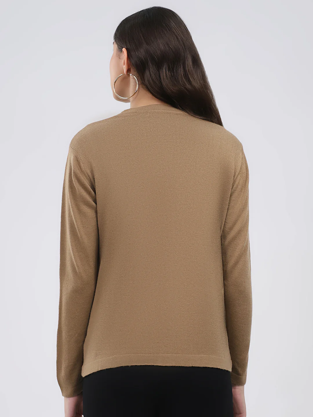 Women Khaki Self Design V Neck Full Sleeve Cardigan - Image 5
