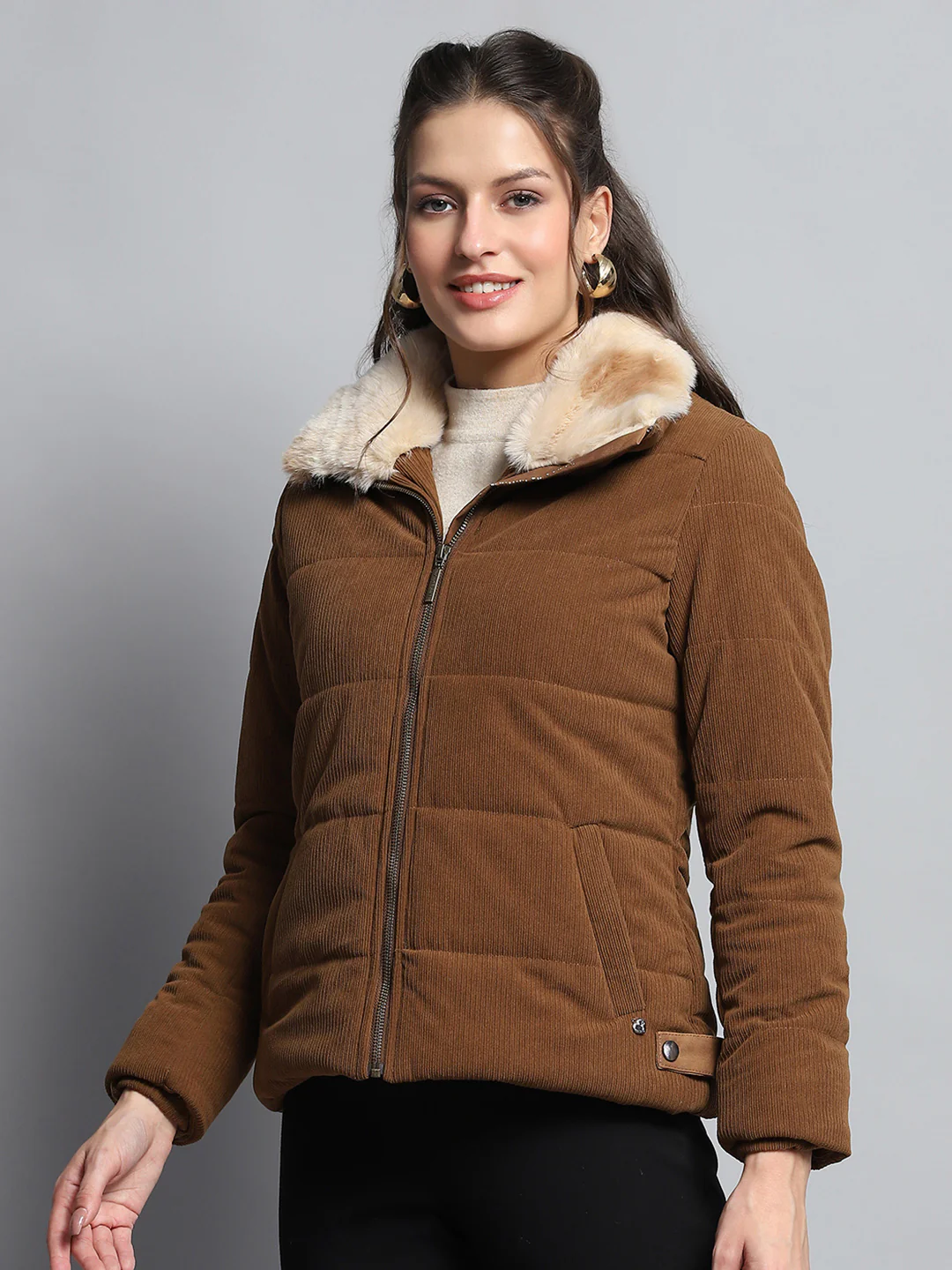 Women Khaki Solid Collar Full Sleeve Jacket - Image 3