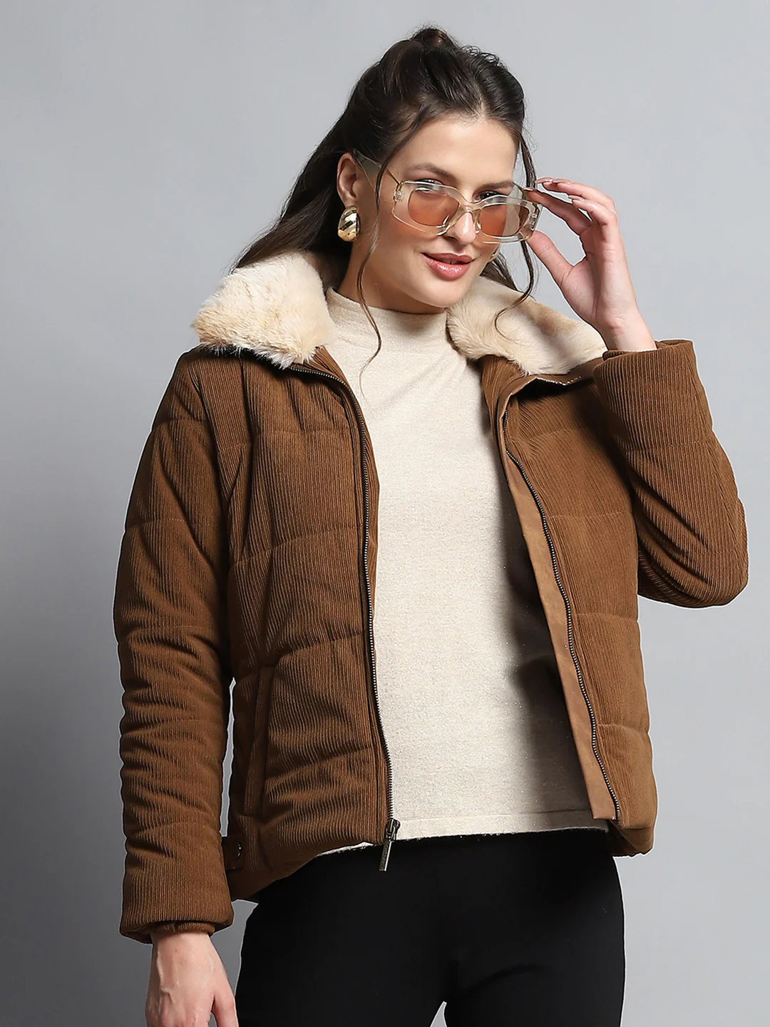 Women Khaki Solid Collar Full Sleeve Jacket - Image 6