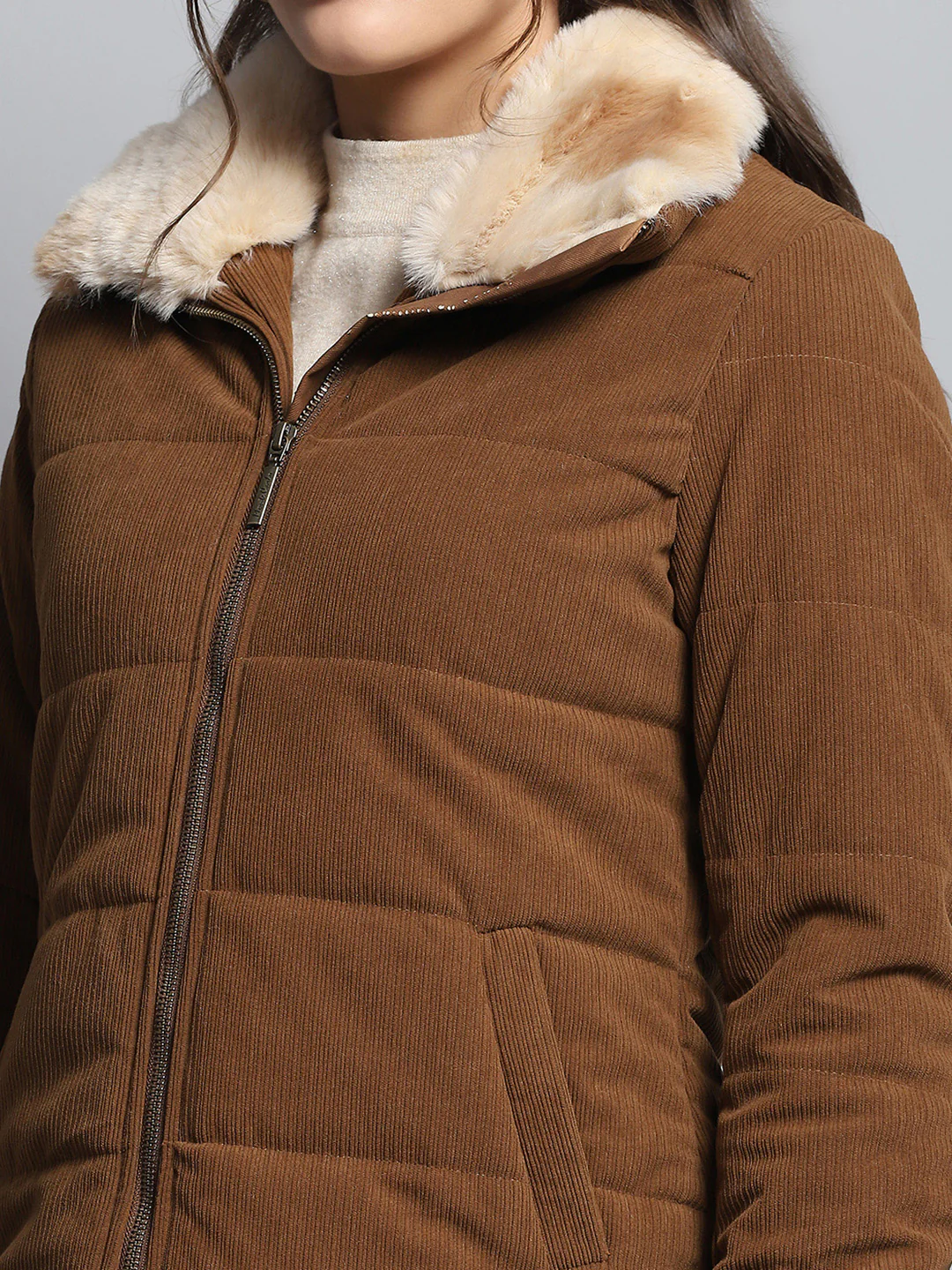 Women Khaki Solid Collar Full Sleeve Jacket - Image 7
