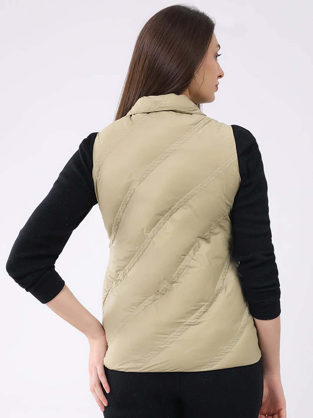 Women Khaki Solid Collar Sleeveless Jacket - Image 5