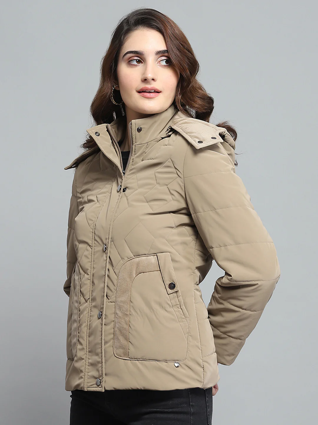 Women Khaki Solid Detachable Hood Full Sleeve Jacket - Image 4