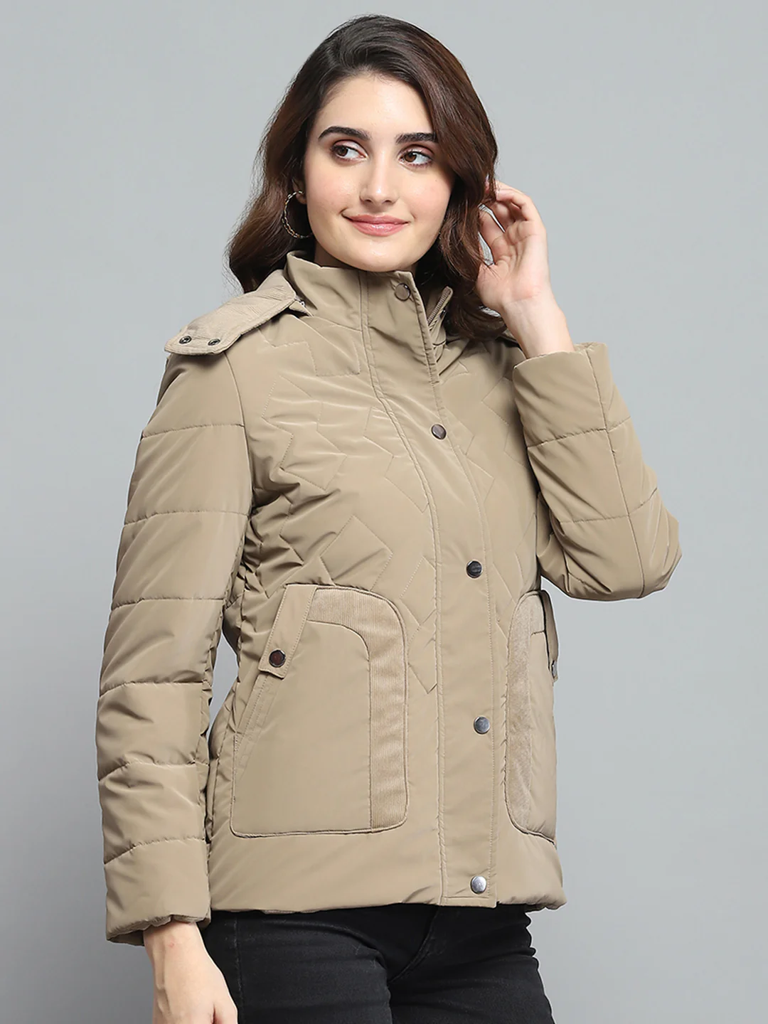 Women Khaki Solid Detachable Hood Full Sleeve Jacket - Image 5